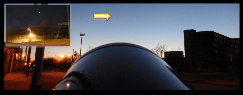 The conjunction (arrowed) seen over the top of my telescope.  The inset shows it under darker skies—and a less steady hand.