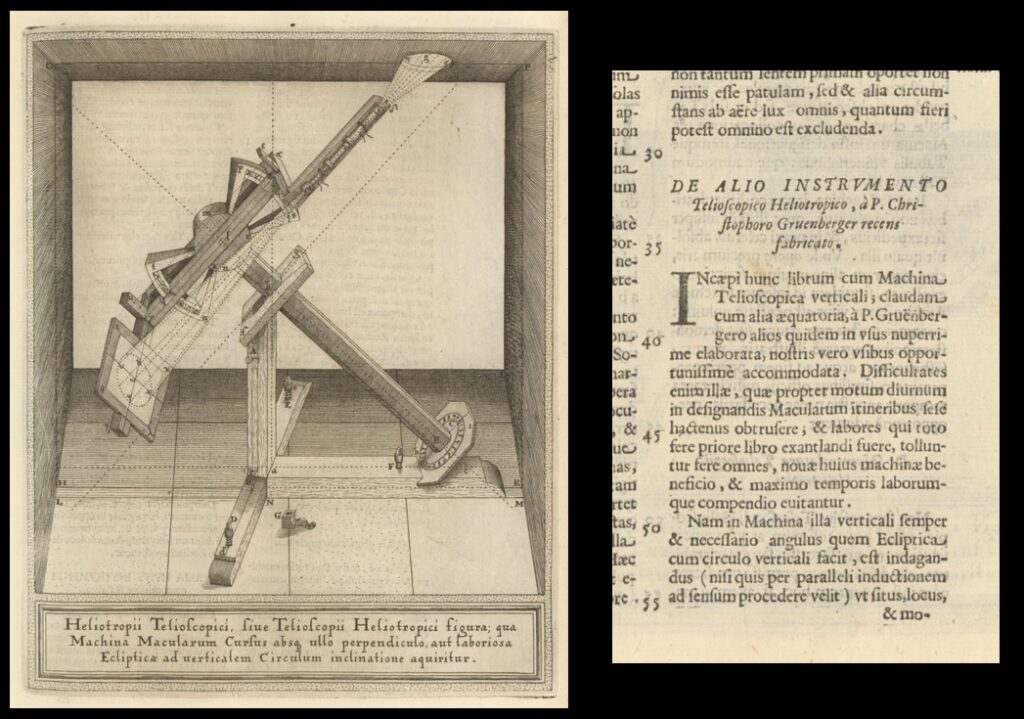 Left—Grienberger’s Equatorial mount (used for solar observations) as illustrated by Christoph Scheiner in his Rosa Ursina Sive Sol of 1630; right—Scheiner’s crediting of Grienberger.