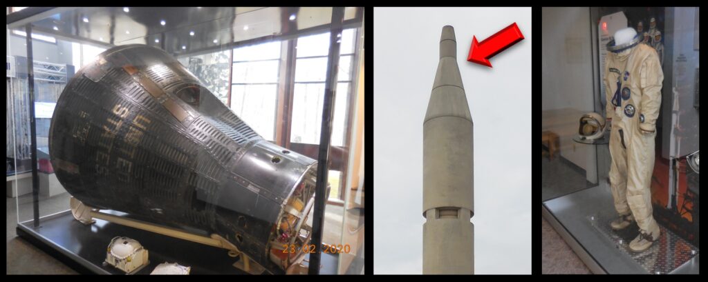 At left is Grissom’s space capsule, the “Molly Brown”, so named by Grissom, from his Gemini 3 mission. Grissom was the commander on the mission; John Young was the pilot (astronauts could actually maneuver the Gemini craft, unlike the Mercury missions where they essentially just rode in the capsules). Grissom’s “Liberty Bell” capsule had sunk after it splashed down in the ocean, and “Molly Brown” referred to Margaret “Molly” Brown, a survivor of the Titanic sinking. NASA did not care for the name, and so the “Molly Brown” was the last spacecraft to be named by its astronauts. The capsule and suit are at the Grissom Memorial at Spring Mill State Park.