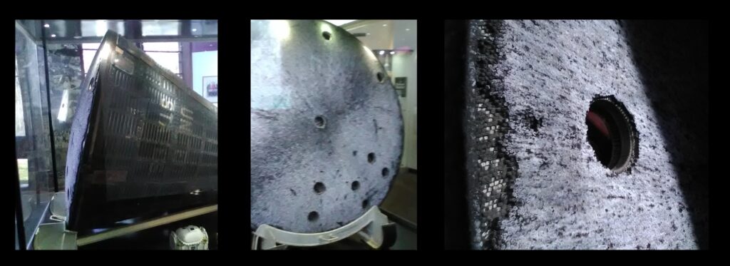 The convex heat shield of the “Molly Brown” is visible in these photos. The capsule reentered the atmosphere blunt-end-forward, and this protected the craft from the heat generated by its rapid motion through the atmosphere. 