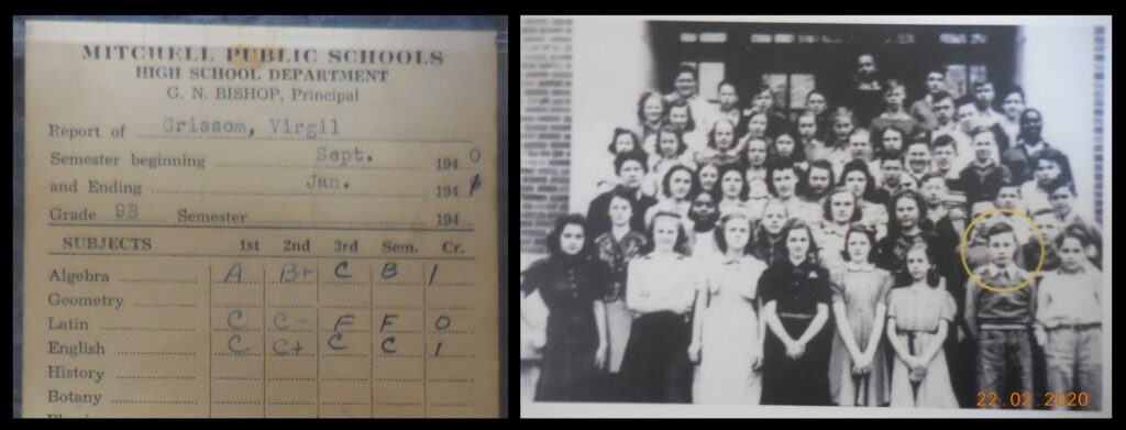 Sacred Space Astronomy readers may find it amusing to see that Grissom apparently cared little for Latin (left): he failed the last two quarters of it during his freshman year at Mitchell High School in 1941. The photo at right shows Grissom in about eighth grade. We see from these exhibits that in 1941 Mitchell public schools were integrated and taught Latin! (From exhibits at the Grissom Memorial.)