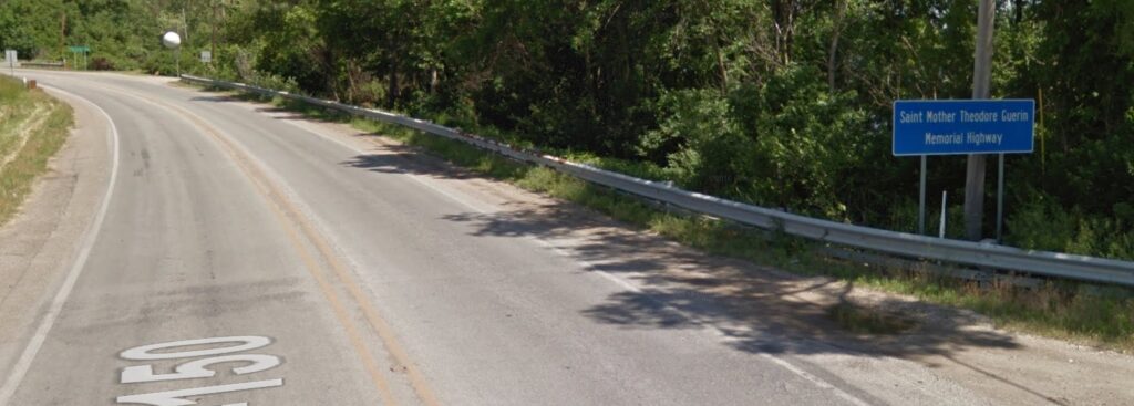 US Highway 150 west of Terra Haute, Indiana. Note the road sign at right. Image from Google Street View.