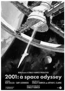 Promotional poster for the movie “2001: A Space Odyssey”, showing space travel in the year 2001, as envisioned in the late 1960's.  The large object with spokes like a wheel is a space station in orbit around Earth.  Earth is the large world visible in the background; the smaller world at lower right is the moon.  The ship leaving the space station is a commercial passenger vehicle—a space airliner.  Needless to say, space travel in 2001 fell well short of what is envisioned here.  In fact, with the U.S. Space Shuttle program terminated in 2011, it is unlikely that this sort of technology will be developed in the foreseeable future.