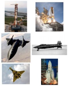 Aerospace technology that is no more: the Saturn V rocket of the Apollo moon landing program, the Space Shuttle, the SR-71 spy plane, the X-15 space plane, the Soviet Tupelov TU-144 supersonic airliner, and the Soviet Buran shuttle.