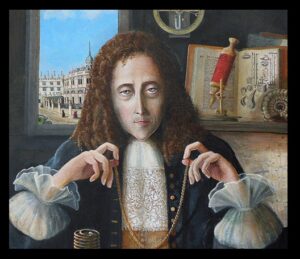 No portrait of Hooke survives.  This is a 2009 painting by the artist Rita Greer, based on descriptions of Hooke from his contemporaries.