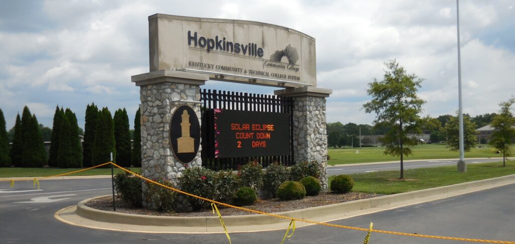 Hopkinsville Community College (part of the same Kentucky Community & Technical College System that my college is part of—go us!) is counting down the days. But note the chain. Ticketed guests only now—one of the few times I have ever seen a community college without its doors wide open to everyone. But, no doubt HCC is like the farmers: worried about being overrun with eclipse watchers.