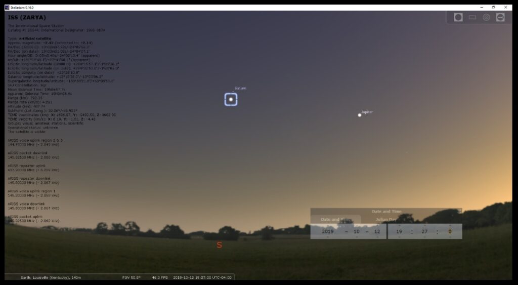 Stellarium showing the ISS passing close to Saturn at 7:27 tonight.