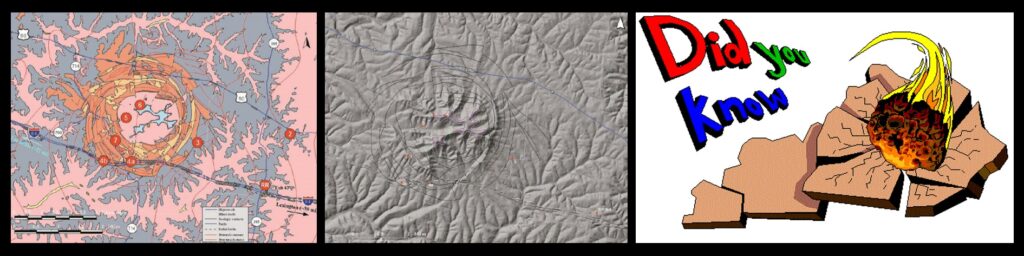 Left and center: geologists’ maps of the impact site (from “The Jeptha Knob Cryptoexplosive Structure, Shelby County, Kentucky”, 42nd Annual Meeting of the American Institute of Professional Geologists, 2005). Right: an interesting graphic from a University of Kentucky website about the knob. 