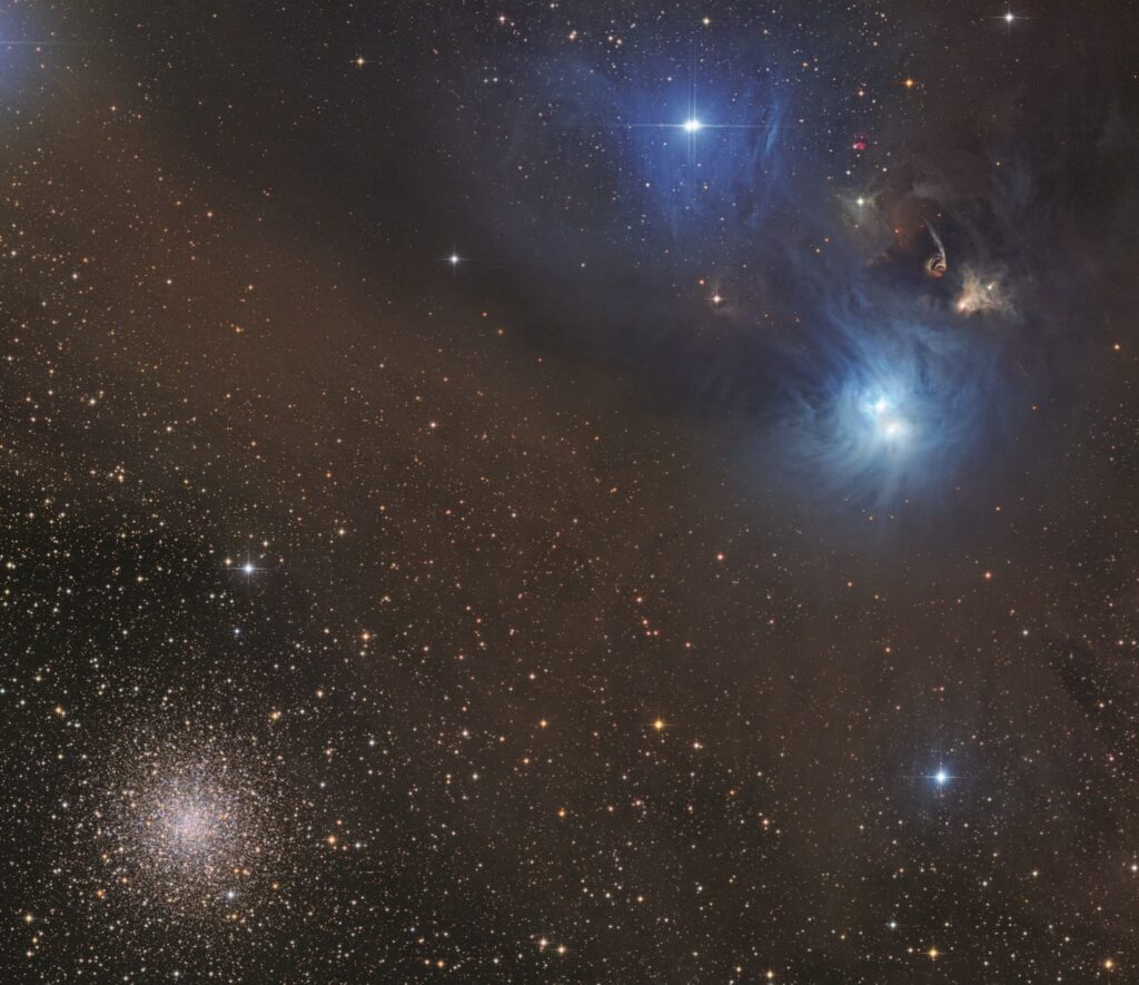 NGC 6726/6727 nebulae and globular cluster NGC 6723, by Johannes Schedler (chart32.de), panther-observatory.com, Chile/Austria. These spectacular reflection nebulae in Corona Australis are the result of a few bright stars in a large, dusty cloud. It shows a beautiful mixture of old stars from the background globular cluster with new stars being formed from the gas and dust within the blueish nebula and colorful filaments.