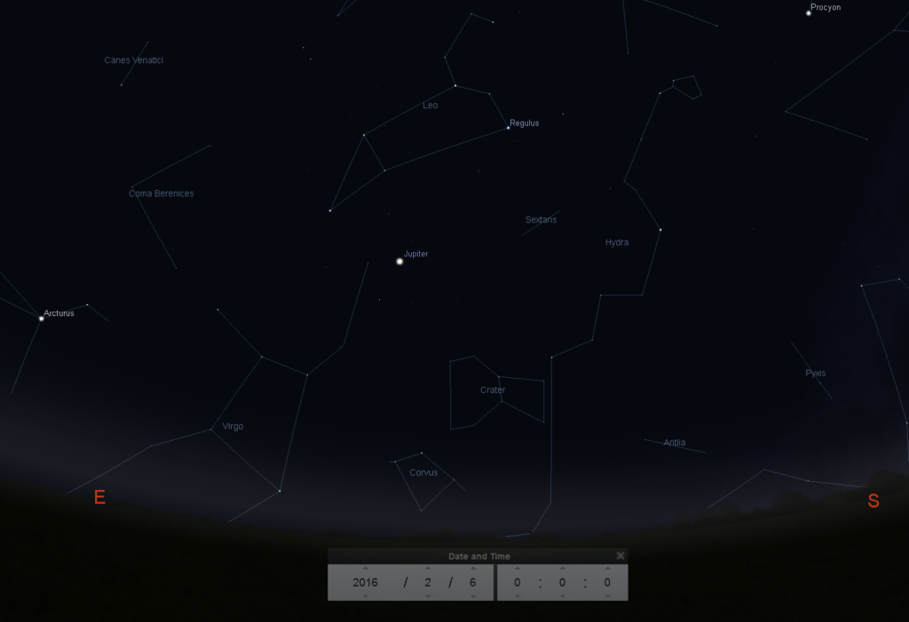 Jupiter will be highest in the sky around midnight on 6 Feb 2016. 