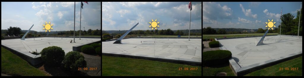 The shadow lines on the memorial also indicate the seasonally changing position of sunset, from winter solstice (left), to equinox (center), to summer solstice (right).