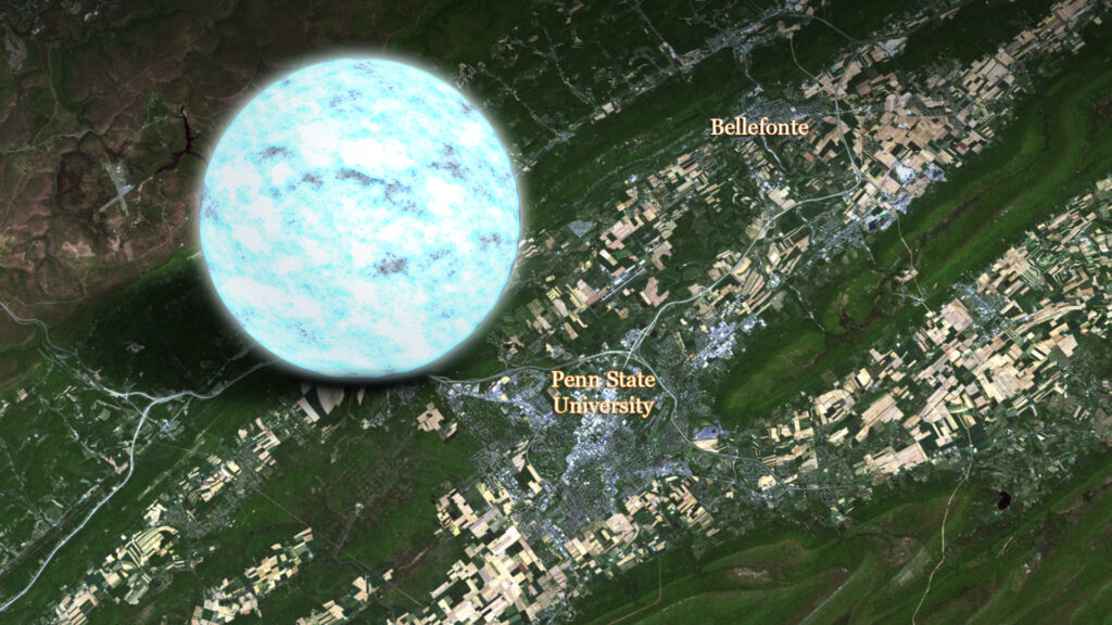 Illustration of a neutron star compared to Penn State University