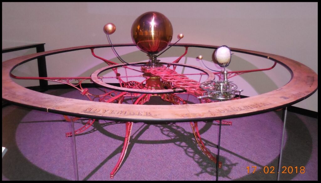 The Barlow Orrery, also known as The Barlow Planetarium. The Barlows built at least 20 of these. Sayre School in Lexington, Kentucky purchased this one from Milton Barlow in the 1880’s for astronomy instruction. More than a century later, in the year 2000, the school donated it to the Kentucky Historical Society.