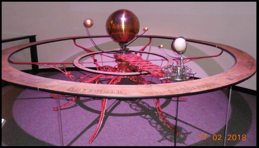 The Barlow Orrery, also known as The Barlow Planetarium.  The Barlows built at least 20 of these.  Sayre School in Lexington, Kentucky purchased this one from Milton Barlow in the 1880’s for astronomy instruction.  More than a century later, in the year 2000, the school donated it to the Kentucky Historical Society.