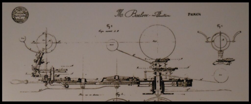 Part of a diagram of the orrery, showing a “side view” of the gear train that makes the orrery work. At the end of the arm that holds the Earth and moon was a handle. This handle was used to pull the Earth-moon system around the large wooden ring that comprises the circumference of the orrery. The pulling action set a gear train in motion. That gear train rotated the Earth, drove the moon to orbit the Earth, caused Earth’s axis to hold a constant angle (so that it would always point toward a “north star”), drove Mercury and Venus to orbit the sun, and caused the sun to rotate, all at the correct rates. The machinery was sufficiently accurate that it could be used to predict or replicate alignments of the planets on given dates.