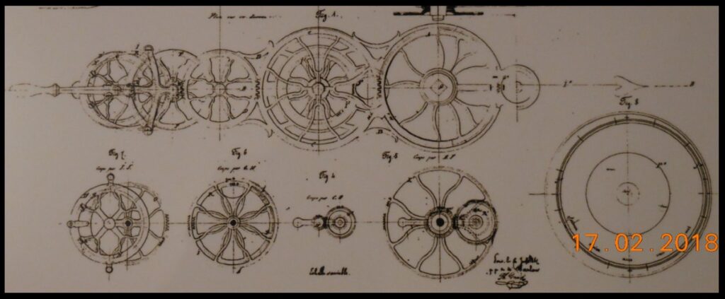 A “top view” of the gear train.  These diagrams are from a French patent that was granted on the orrery.