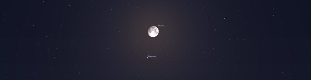 The moon near the star Regulus in Leo, as shown by the Stellarium planetarium app.  Regulus here appears roughly 1/10 the diameter of the moon—the approximate size Ptolemy and others measured it to be.