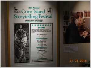 An exhibit at the University of Louisville library on Lee Pennington. The Corn Island Storytelling Festival is a Louisville event started in the 1970’s at Jefferson Community & Technical College (at that time University of Kentucky Jefferson Community College) by Pennington and others.