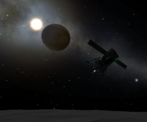 Landing on the moon of another planet in Kerbal Space Program. 