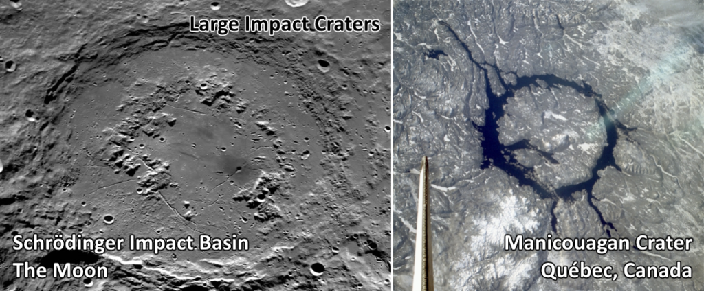 Schrödinger Impact Basin Credit: NASA/LRO/Lunar and Planetary Institute. Manicouagan crater (right) Credit: NASA/STS-9.