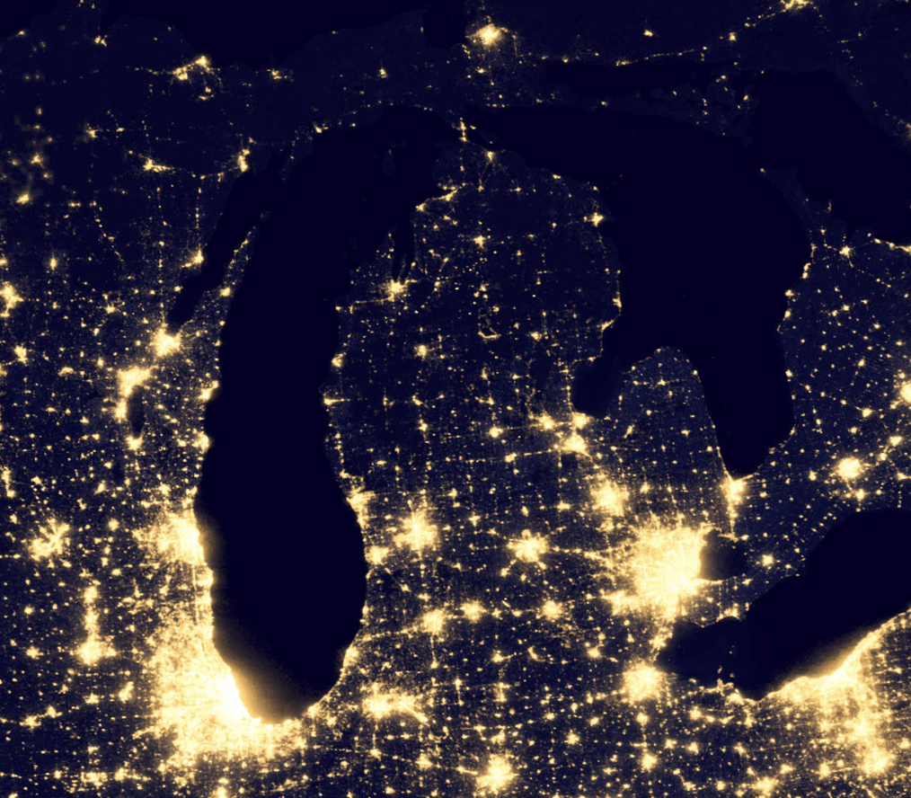 This image of the Michigan and surrounds at night is a portion of a larger composite assembled from data acquired by the Suomi NPP satellite in April and October 2012. Click the image to see the USA at night. Credit: NASA Earth Observatory/NOAA NGDC