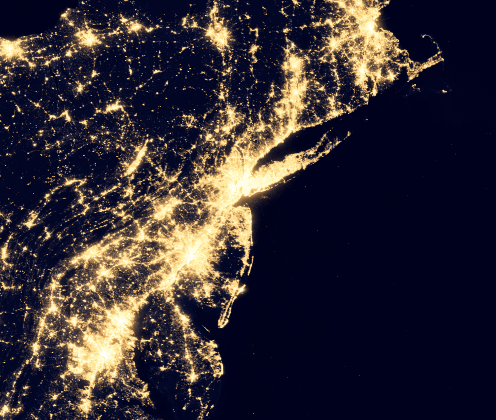 New york and surrounding area at night from Space. Credit: NASA Earth Observatory/NOAA NGDC