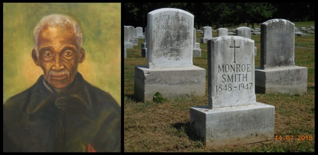 Images of enslaved people in the “Holy Land” of Kentucky are not easy to find, but within the heritage center of the Sisters of Charity is this portrait of Monroe Smith of Nelson County, Kentucky, who was born in 1848, freed when slavery was abolished in Kentucky in 1865, and died in 1947. He spent the last 35 years of his life living and working among the sisters, and is buried in their cemetery. Like Louis Sansbury, he chose to stay in his community.