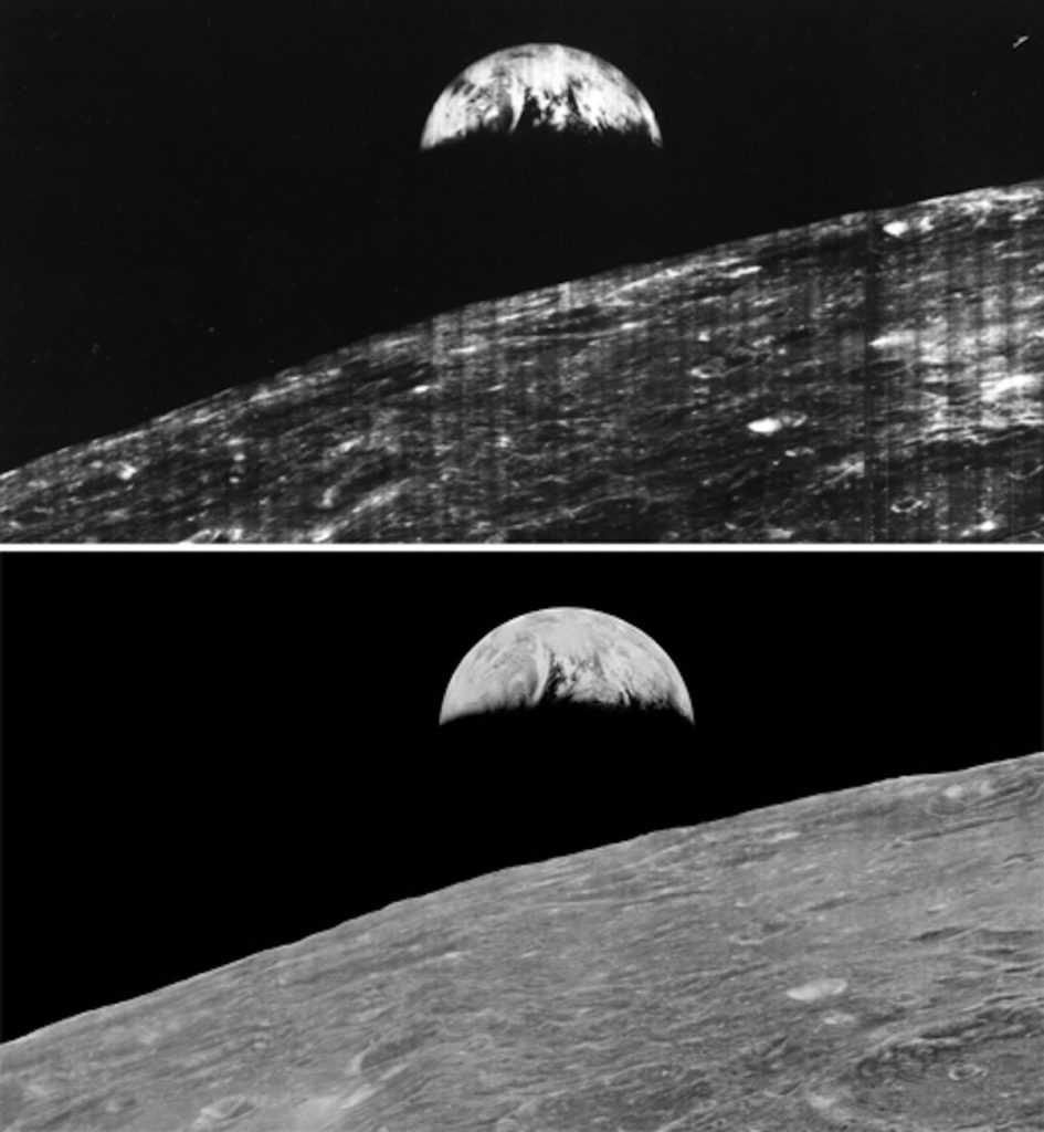 Comparison of original Lunar Orbiter 1 image, and a higher-resolution version using modern image processing techniques. Credit: NASA