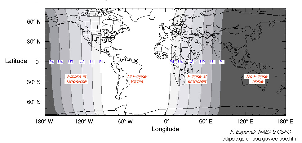 Graphic illustrating where the total lunar eclipse will be visible. Credit: Fred Espenak