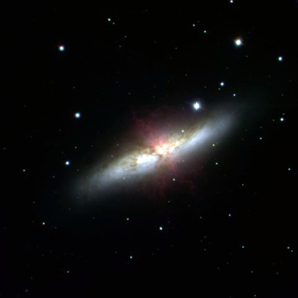 This image of the galaxy M82 was a joint project of the Vatican Observatory Foundation and students at St. Ignatius High School, Los Angeles. The students chose the object and sent the coordinates to Fr. Rich Boyle at our telescope, the VATT; he took the images in three filters, did the original processing to remove noise, and sent them back to the students, who did the final color balance process.