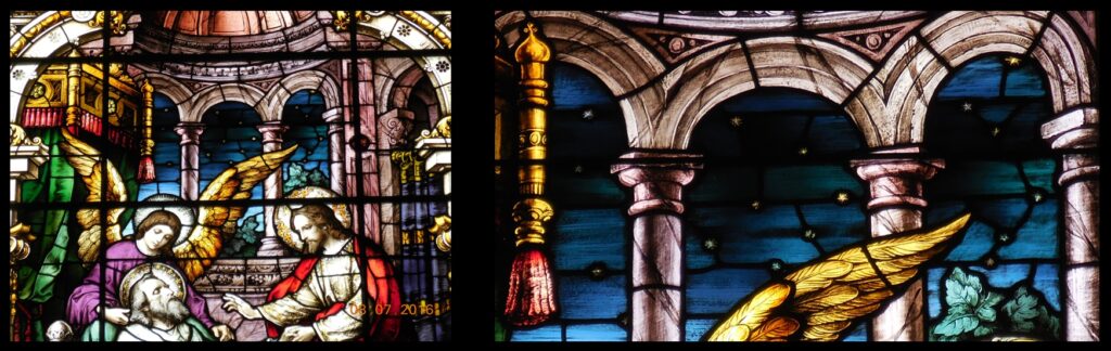 ...and to this generic illustration of stars in one of Mother of God’s windows (left—right shows a closer view.