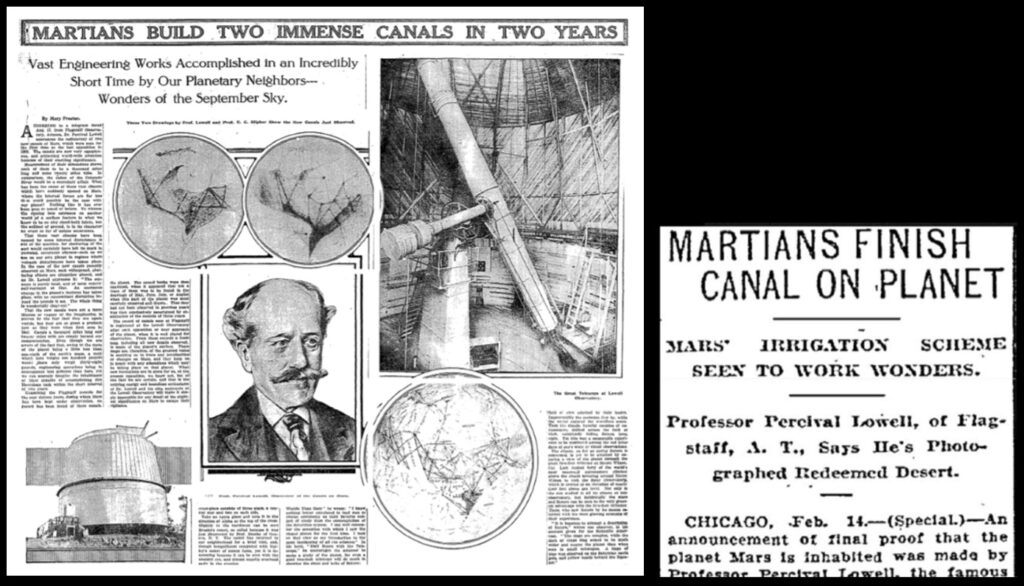 Left—article from the New York Times, August 27, 1911. The man at center is Lowell. Right—headline from the Portland Oregonian, February 15, 1910.