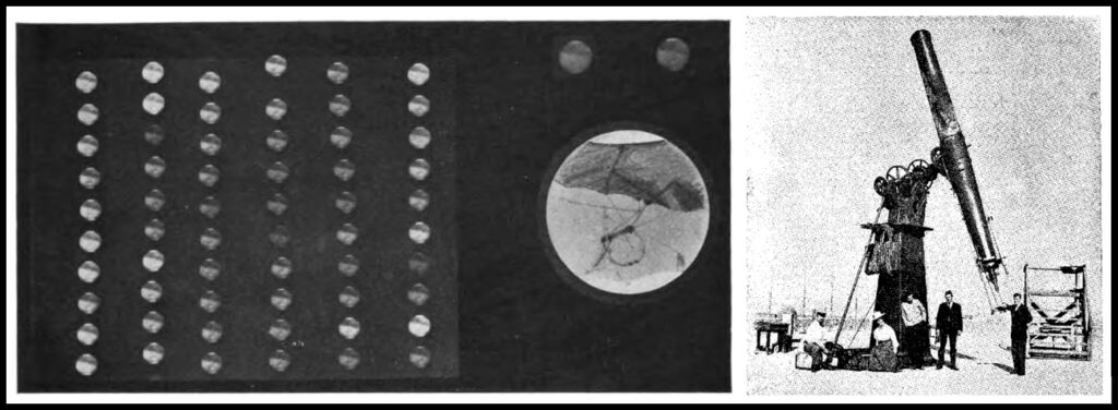 Above at left are photographs of Mars (small) with a drawing (large) of the same area of Mars as shown in the photos, published by Percival Lowell in the December 1907 issue of The Century Magazine (the quality of this reproduction is not optimal). At right is a Century photograph of the expedition to the Chilean desert, where the skies are especially clear, to obtain the Mars photographs. Below are a 1907 photograph (left) and sketch (right) offered as evidence for the existence of Martian canals. 