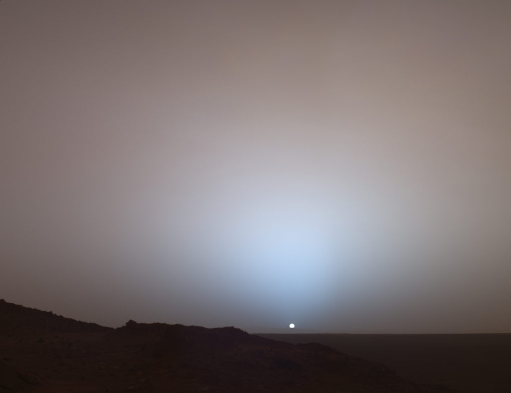 Mars sunset over Gustav Crater, imaged by Spirit in 2005