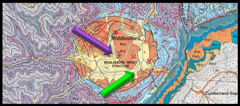 Kentucky Geological Survey map of the crater area. Green arrow shows the location of St. Julian’s. Purple arrow shows the location of the central uplift where the shatter cones and shocked quartz were found.