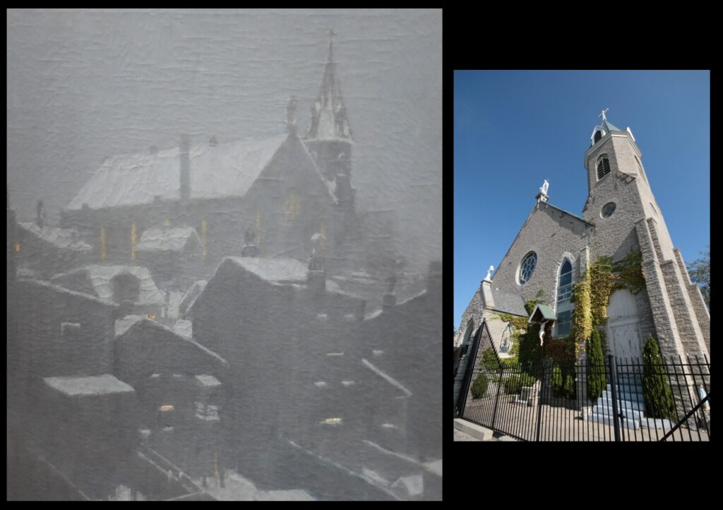 Left—The 1911 painting “The Midnight Mass”, by Edward Timothy Hurley, showing Immaculata Church.  Right—Immaculata Church today, under clear skies.