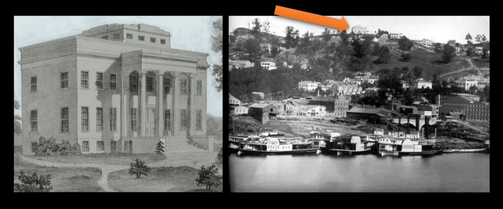 Left—the original Cincinnati Observatory on Mt. Adams, just east of downtown Cincinnati.  Right—an old photo of Mt. Adams, with the old observatory building visible (arrowed).  Note the steamboats on the Ohio River in the foreground.