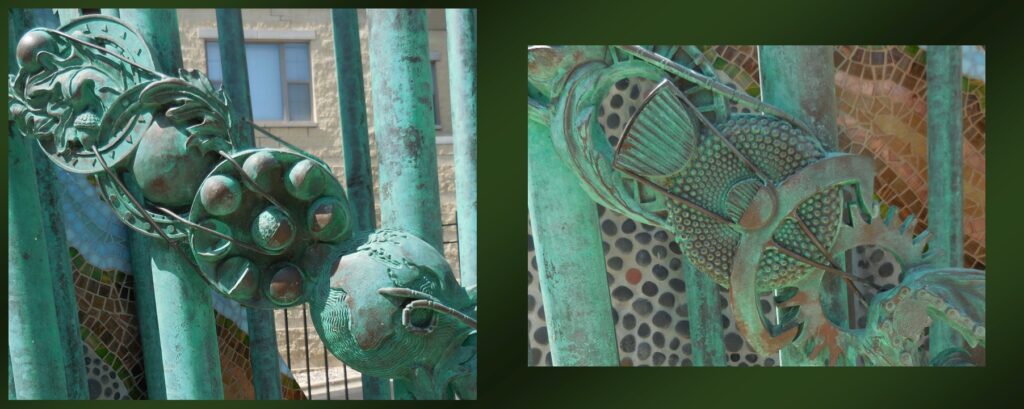 Details on the “Eclipse” sculpture include representations of the phases of the moon and of an eclipse.