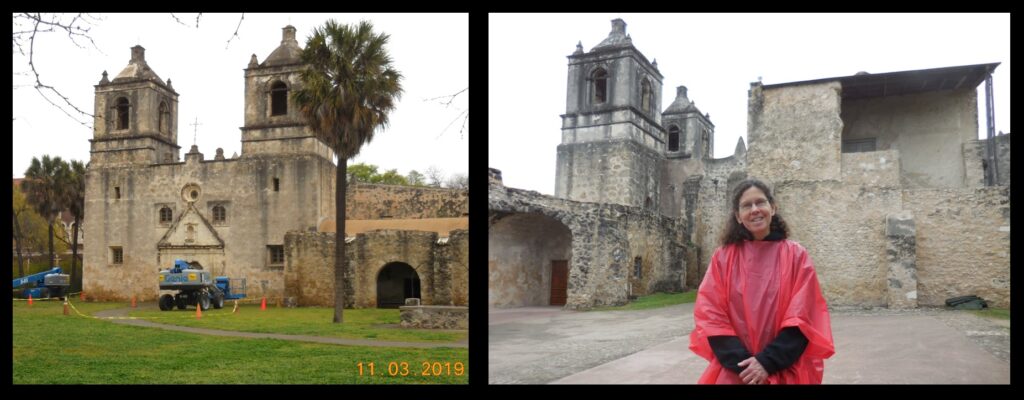 Mission Concepción, seen from the outside (with one “anonymous tourist”!).  Note in the left-hand photograph the round window visible over the front door.