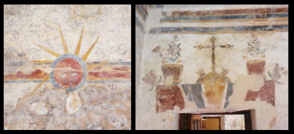 Original paintings on the ceiling and wall of an outbuilding of the mission.  Note the sun.