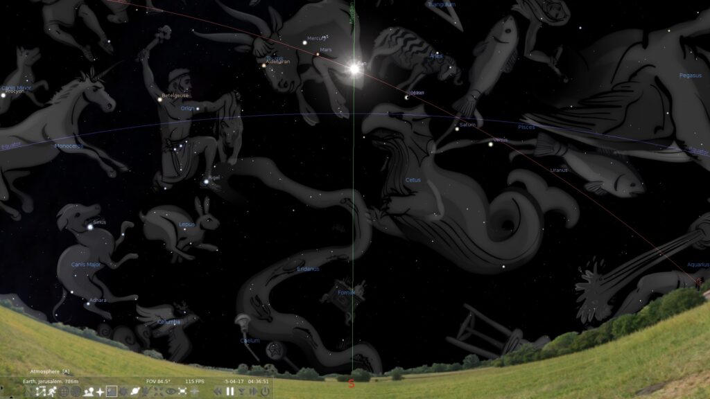 The previous picture, but with the atmosphere “turned off” so as to make the starry sky visible.  Note all the planets.