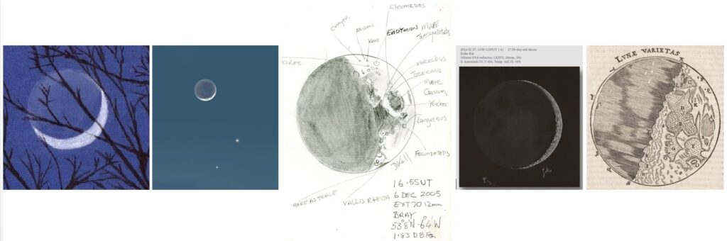 Moon sketches by (left to right) an unknown artist, Carlos Hernandez, Deirdre Kelleghan, Erika Rix, and Johann Georg Locher. Rix and Kelleghan are co-authors, along with Richard Handy, Thomas McCague, and Sally Russell, of the 2011 book Sketching the Moon: An Astronomical Artist’s Guide. Hernandez is a contributor to that book