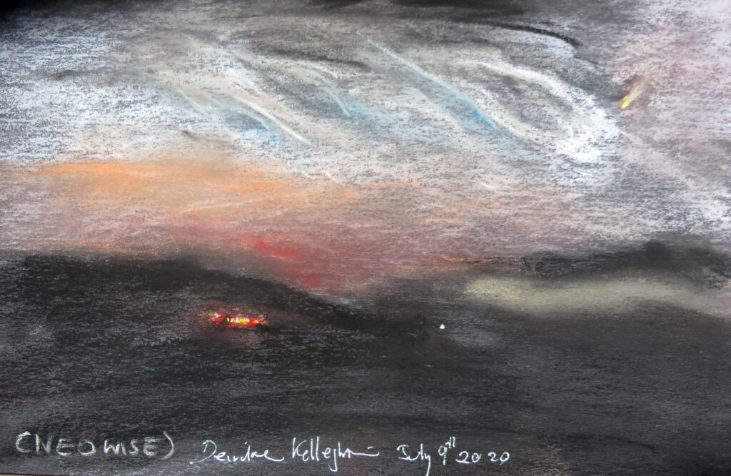 C/2020 F3 (NEOWISE) July 9th 2020 in noctilucent clouds. Pastel on A 4 black card. 02:00 - 02:30 local time. - 01:00 - 01:30 UT. Looking towards Clare Island Co Mayo Ireland 