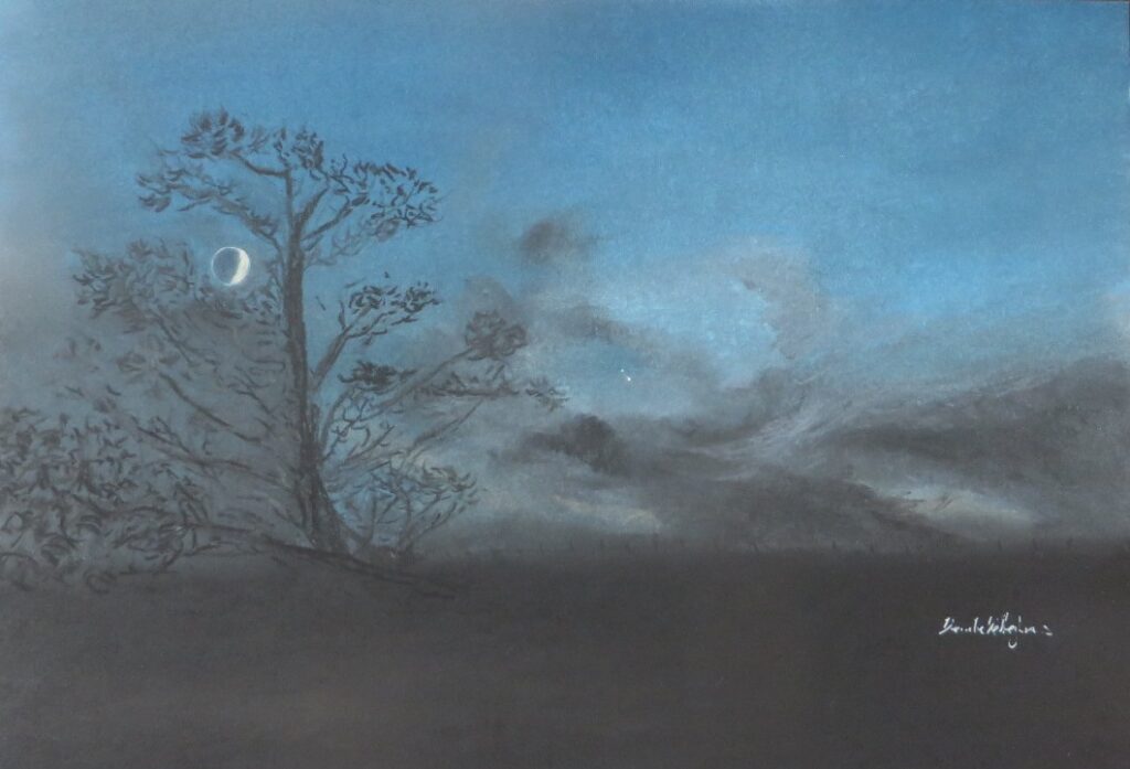 Nesting moon floating planets - Pastel drawing by Deirdre Kelleghan December 18th 17:15 Killadoon Co Mayo 