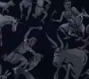 The constellations described in the portion of Aratus’s poem quoted here. The Pleiades are visible in the center of the Bull. 