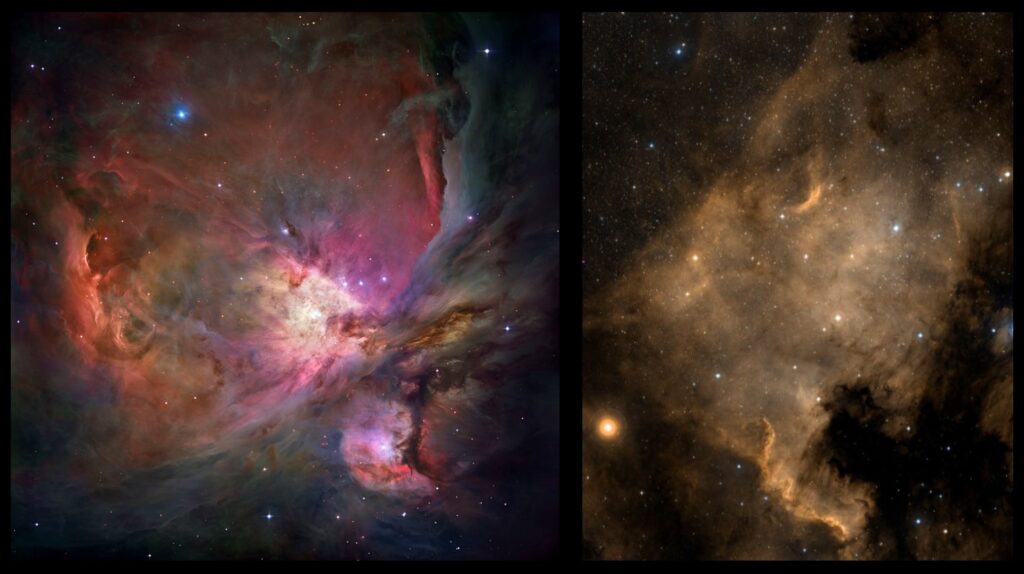 Left: The Orion nebula (credit: Hubble Space Telescope). Right: The North America Nebula (credit: Digitized Sky Survey 2)