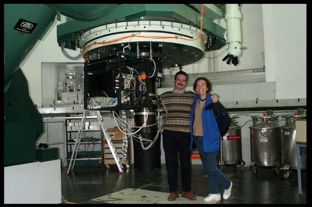 Observing at Calar Alto with my friend Anna Pasquali. The picture was taken around the time of our work on the North America Nebula, but here we appear with the 1.23 meter telescope, not the telescope that we used in that work.