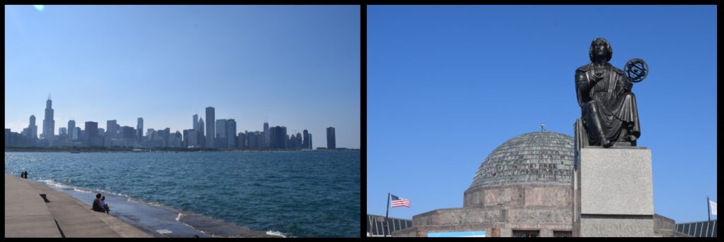 The Chicago skyline as seen from the Adler Planetarium (right), and the Adler's statue of Copernicus (left).