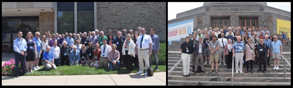 Conference attendees at the University of Notre Dame (left) and at the Adler Planetarium (right).