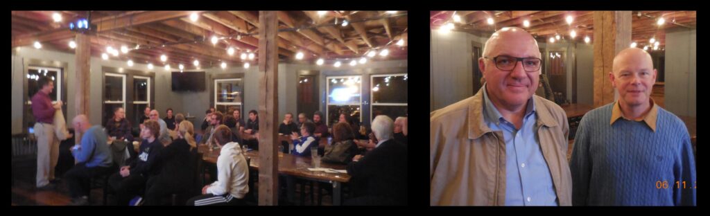 Left: A talk at Monnik Beer Co. in Louisville, Kentucky, on the universe as portrayed in the Star Wars movies. Monnik is a pub/restaurant, so younger attendees are welcome. Right: Lutz Haberzettl and Gerry Williger at Monnik.